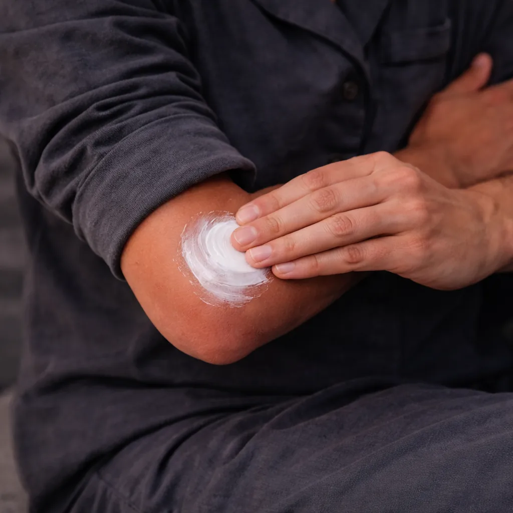 Pain relief and recovery rub applied to elbow
