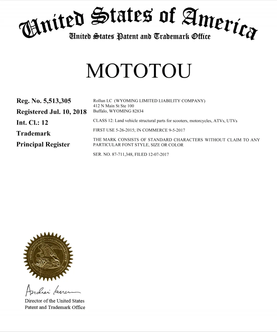 MOTOTOU U.S. trademark registration certificate