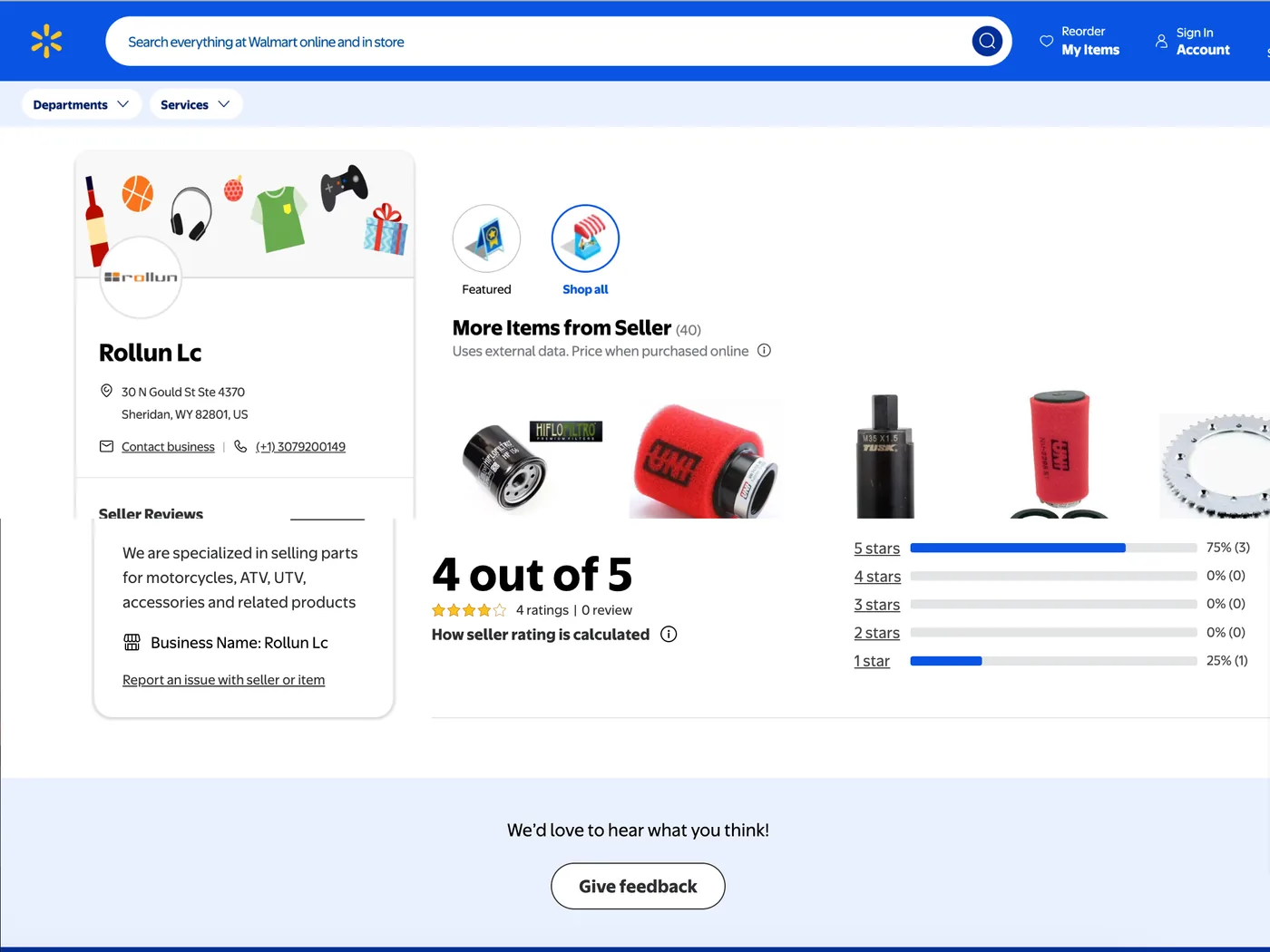 Rollun LC seller page on Walmart Marketplace
